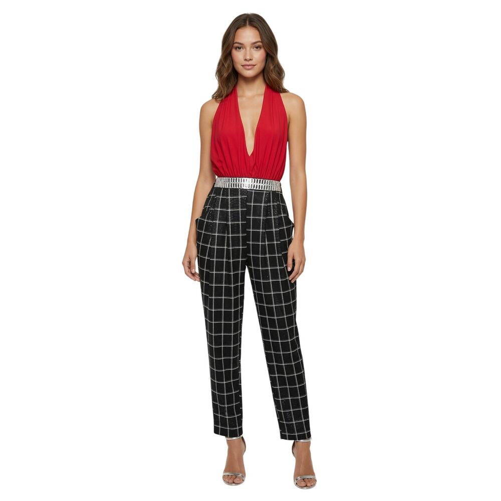 Line Up Red Halter Black Checkered Romper Pants One Piece Jumpsuit Medium